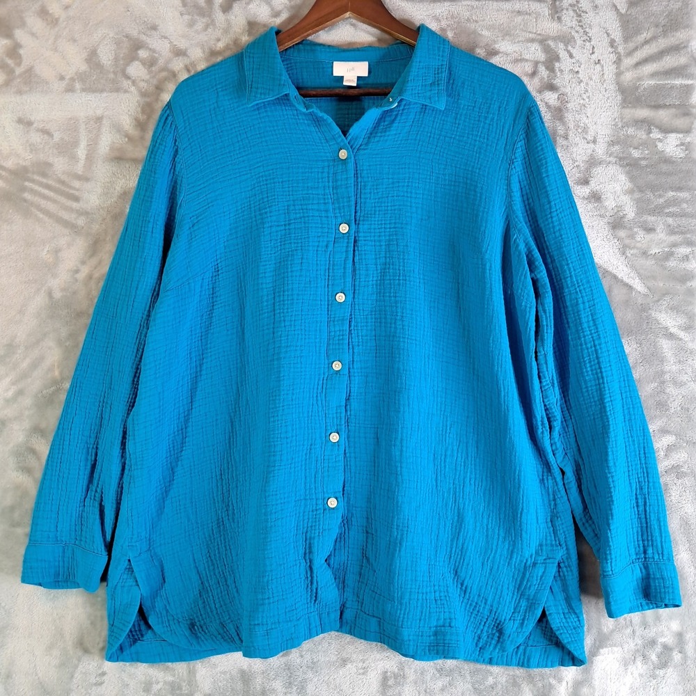 J Jill Womens Large Teal Blue Double Cotton Gauze Button Front Shirt Top Blouse